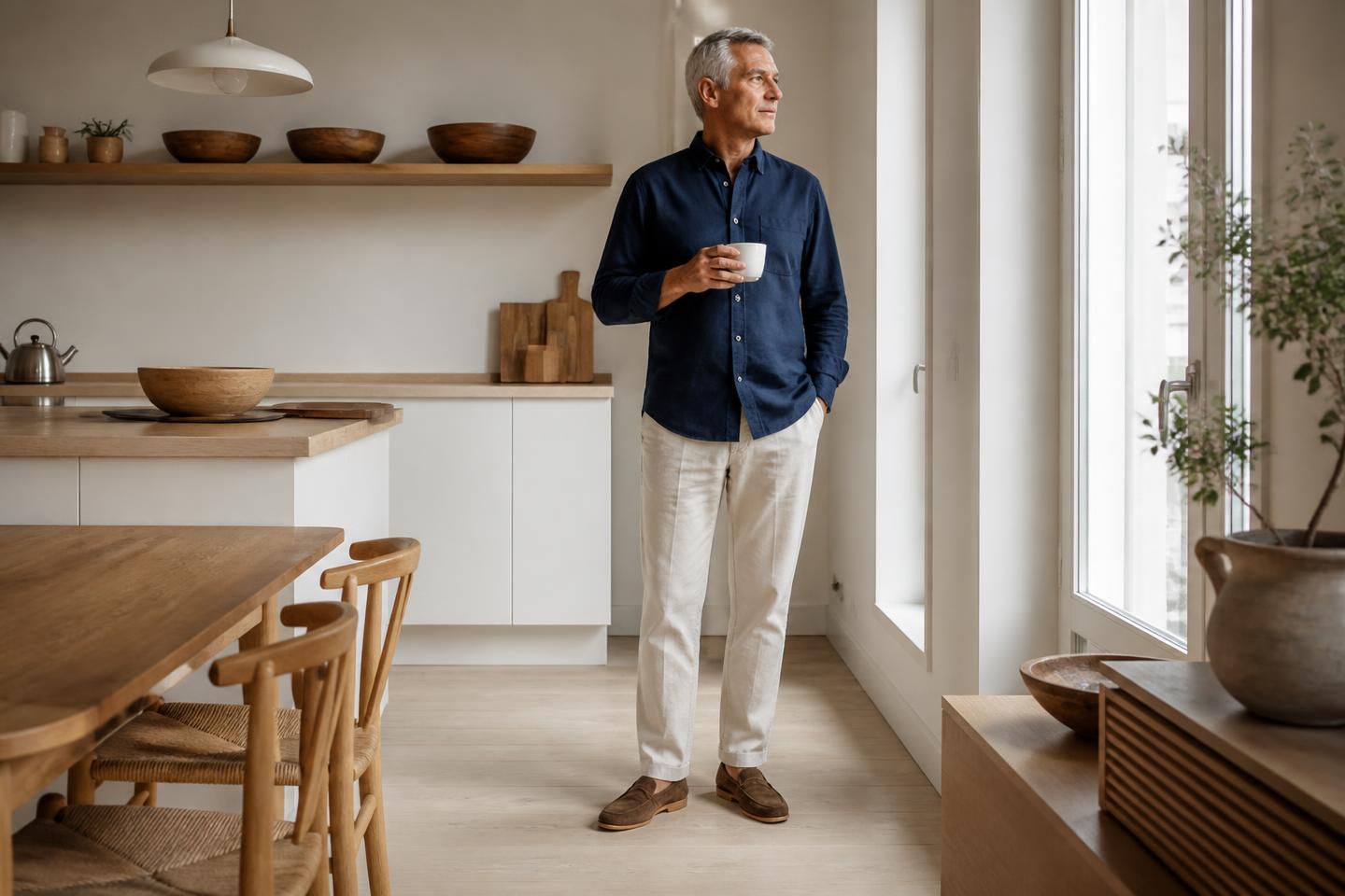 Mann mit Kaffeetasse in hellem Wohnraum